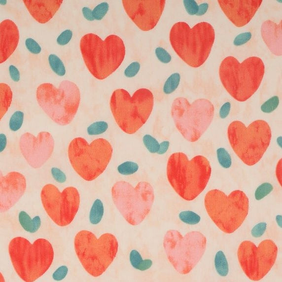 Popeline coton coeur feuille pèche