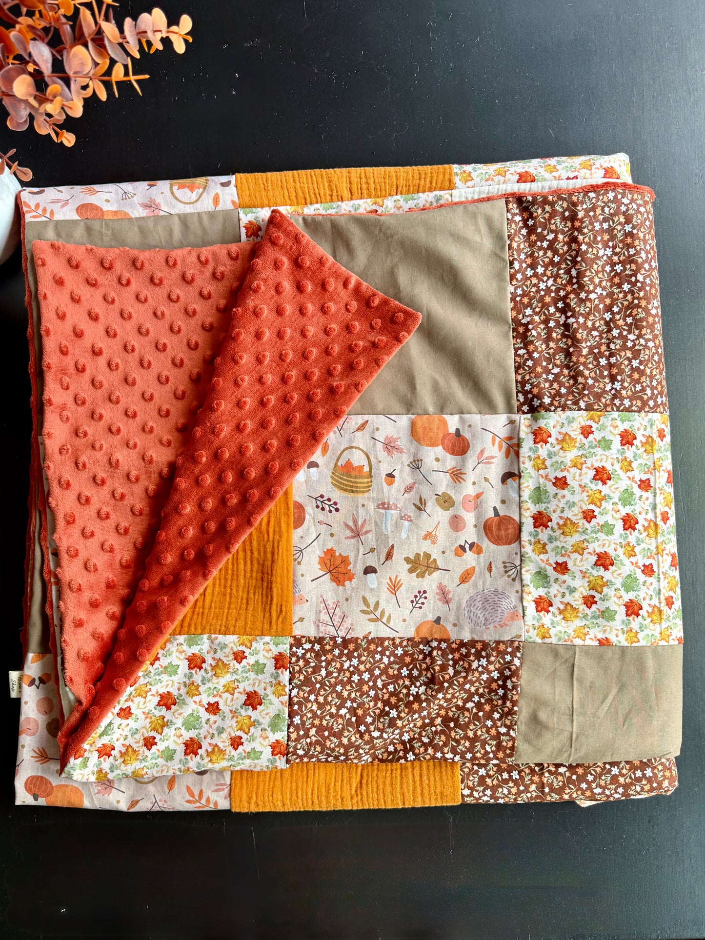 Plaid Patchwork automnal - coton, double gaze et minky
